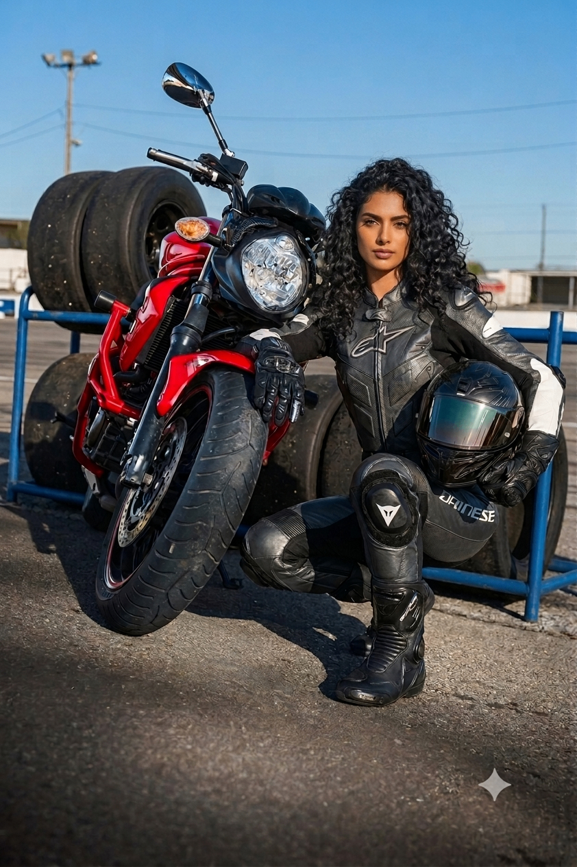 Indian woman rider in full riding gear kneeling beside her motorcycle