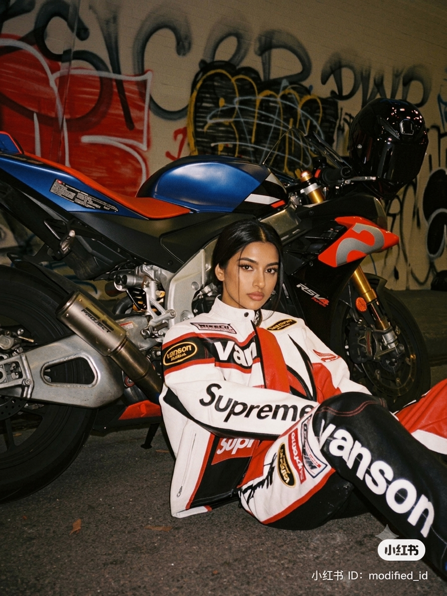 Woman rider in white and red leathers beside a sportbike