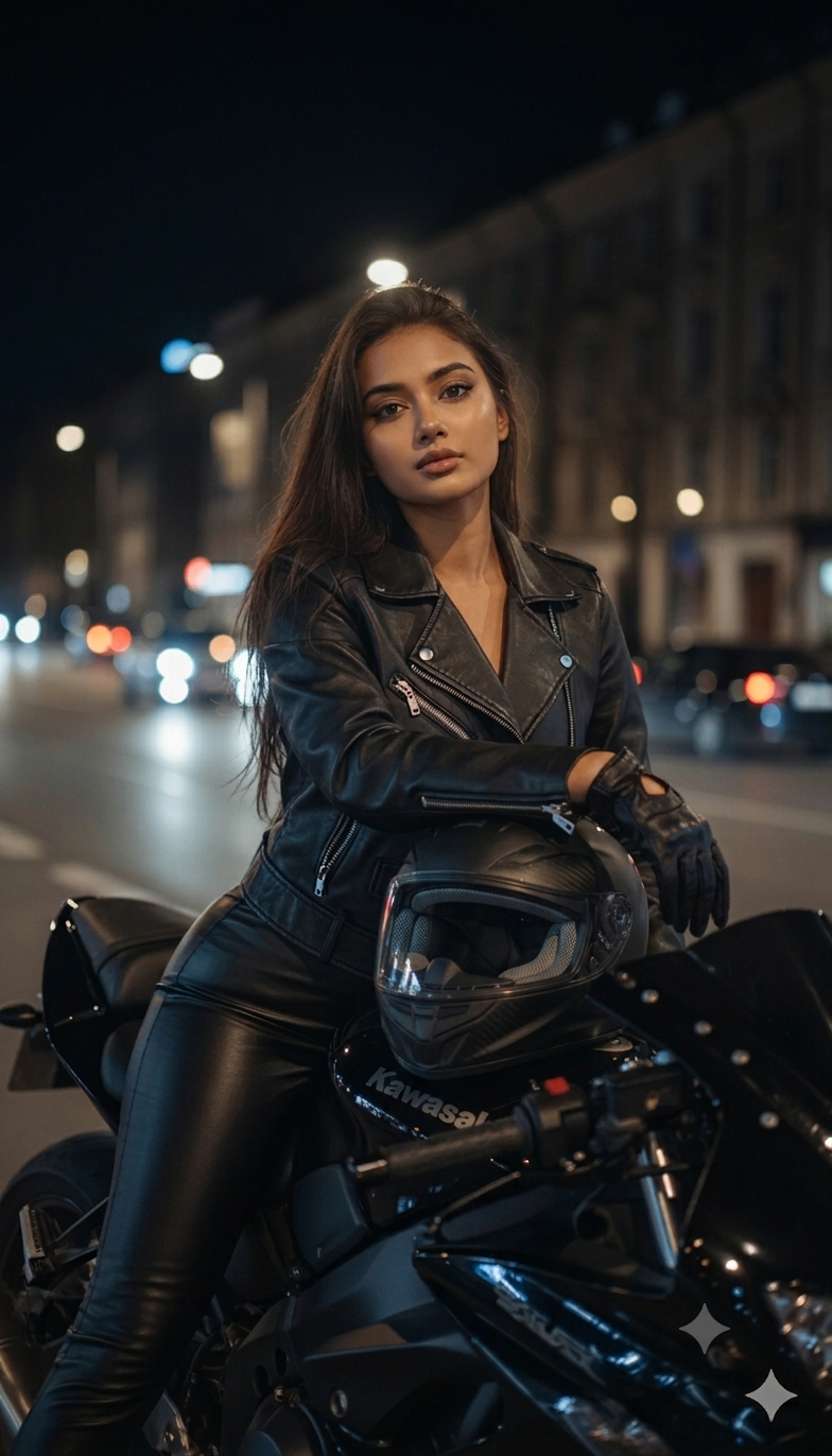 Woman rider in black leather gear with helmet on a city street at night